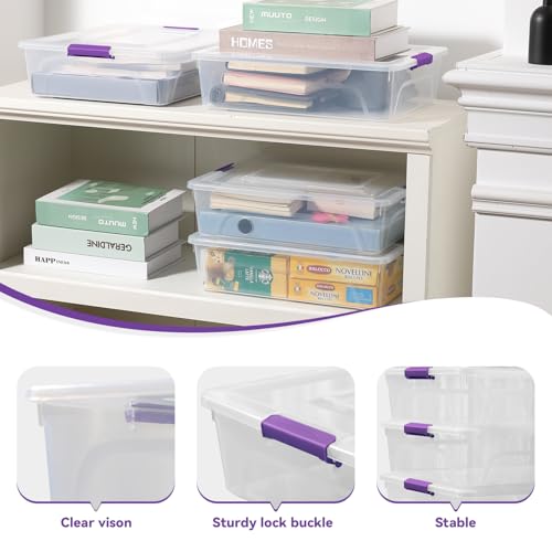 Clear Plastic Storage Bins with Lids Stackable Storage Box for Crafts, Supplies (Large 4Pack Purple) - size: Large 4Pack Purple