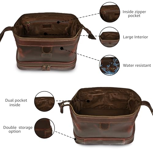 LEATHER VILLAGE Genuine Leather Dopp Kit – Large Travel Toiletry Bag with Waterproof Lining, Dual-Zip Design for Men & Women, Organizer for Shaving, Makeup & Essentials - Cherry - color: Cherry