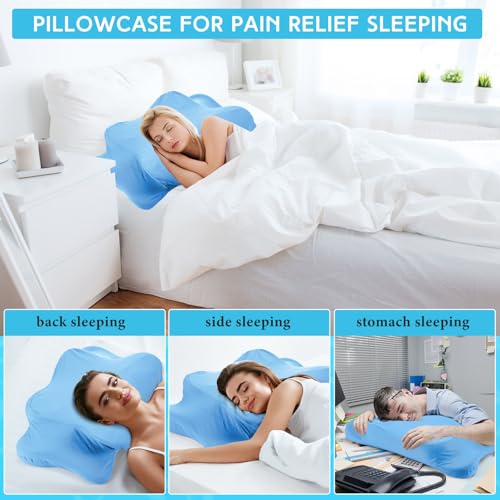 Hahafelt Cooling Cervical Neck Pillowcase Cover (Only Pillow Case) Ergonomic Pillowcase with Zipper Breathable Contour Pillow Cover for Side Back Stomach Sleepers(Blue,Standard Size) - color: Blue, size: Standard