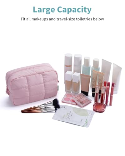 Narwey Puffer Travel Makeup Bag for Women Girl, Quilted Puffy Cosmetic Bag Make Up Bag Organizer, Cute Travel Toiletry Bag for Toiletries (Pink) - color: Pink