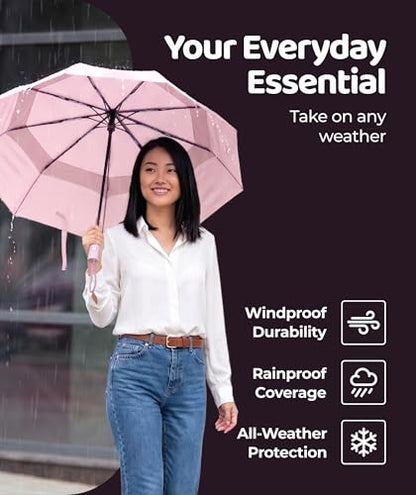 Repel Windproof Travel Umbrella - Compact & Withstands Winds up to 100MPH , Strongest Premium Auto Folding Umbrella for Rain and Sun - Durable, Light & Portable for Women & Men , Fits Backpack & Cars - color: Pastel Pink