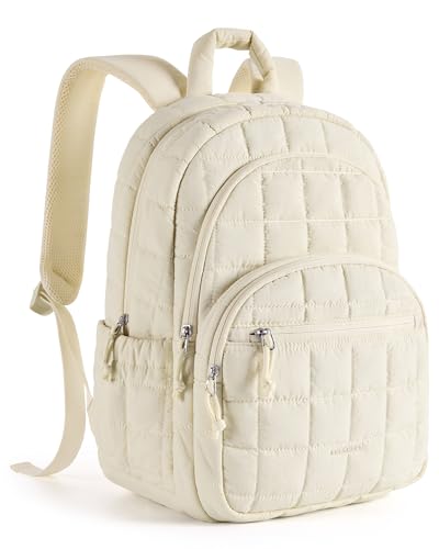 BAGSMART College Laptop Backpack, Travel Backpack for Women, Quilted Casual Daypack, Water-Resistant Bookbag for 15.6 Inch Laptop, Beige - color: Vanilla, size: Standard 15.6 Inch