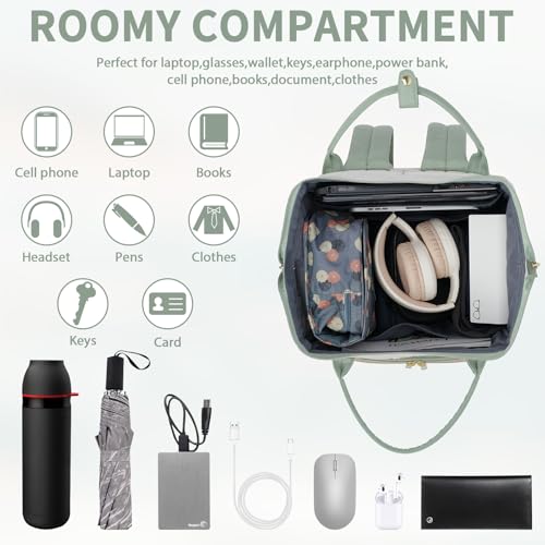 VANKEAN 15.6 Inch Laptop Backpack for Women Fashion Computer Work Bag, Large Capacity Waterproof Backpack, College Daypack Business Travel (Beige-Light Green, 15.6 Inch) - color: Beige-light Green, size: 15.6 Inch
