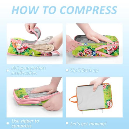7 Piece Travel Compression Packing Cubes - Toiletry Kit Foldable Organizer Bags for Efficient Suitcase Packing - gingham print with lovely floral (Travel Essentials) - color: Black-1
