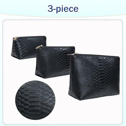 3 Pcs Makeup Bag Set for Women Black Soft Leather Travel Cosmetic Bag Make Up Pouch Small Travel Zipper Pouch,Water-resistant Makeup Organizer Bag for Women（Black） - color: Black