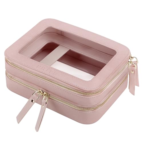 Prite Double Layer Makeup Bag for Women Portable Clear Makeup Bag Cute Waterproof Travel Cosmetic Bag with Gold Zipper for Car Essentials(Pearlescent Pink) - color: Pearlescent Pink, size: Standard - Double Layer