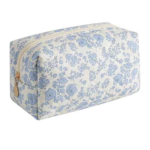 Makeup Bag Travel Cosmetic Bag for Women Girls, Zipper Make Up Pouch, Floral Flowers Toiletry Organizer Makeup, Portable Storage Cosmetic Travel Cloth Bag (Blue Floral) - color: A2 Blue Floral