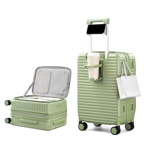 HanTrip 20 Inch Carry on Luggage 22x14x9 Airline Approved Hard Shell Suitcases with Wheels, Top Opening Expandable Carry on Luggage with Cup Holder Small Rolling Suitcase with Lock, Bamboo Green - color: Bamboo Green, size: Expandable 20 Inch