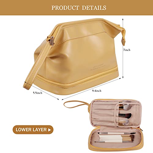 Abiudeng Large Capacity Makeup Bag Ladies Cosmetic Bag Travel Bag with Compartments Portable PU Leather Travel Makeup Bag with Handle - color: Yellow
