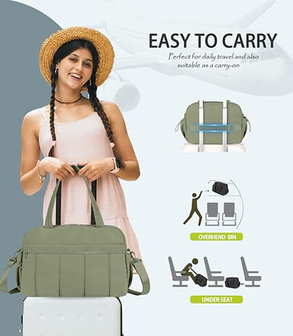 Lightweight Travel Duffle Bag for Women, Quilted Puffy Weekender with Wet Pocket for Gym, Overnight, Personal Item Carry On, Green - color: Green