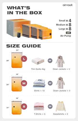 AirVault Vacuum Storage Bags for Travel & Home - Space Saver Compression Packing Bags Set for Clothes, Blankets & Seasonal Storage, Small (4), Medium (8), Large (8) (Orange,20-Pack Combo) - style: 20-Pack | Combo (S/M/L)