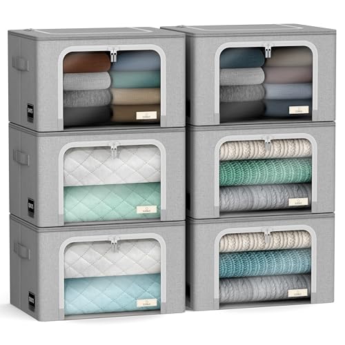 Sorbus Storage Bins with Metal Frame - Stackable & Foldable Clothes Organizer Bags - Oxford Fabric Storage Containers with Large Clear Window & Carry Handles Organization for Bedding Linen & Clothing - color: Gray, size: 6 Pack