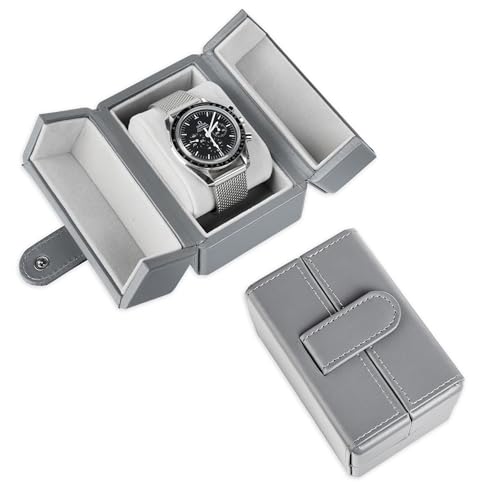 Single Travel Watch Case - Vintage Inspired - Exterior, Soft Microfiber Lining, Fits Up to 42mm Watches - Vegan Leather - Reliable Storage for Home or Travel - color: GreyGrey
