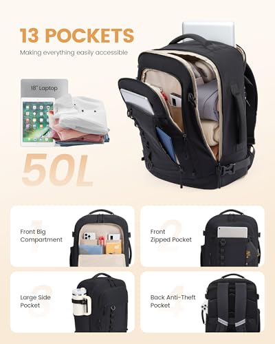 LOVEVOOK 50L Travel Backpack for Men Women, Waterproof Carry On Backpack for Work & Travel, Flight Approved Personal Item with 3 Packing Cubes, TSA Bag Fits 17.3" Laptop,Navy blue - color: Navy Blue, size: X-Large-50L-4Pcs