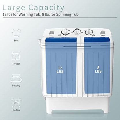 COSTWAY Portable Washing Machine, Twin Tub 20 Lbs Capacity, Compact Laundry Washer(12 Lbs) and Spinner(8 Lbs), Durable Design, Timer Control, Perfect for RV, Apartments and Dorms, Blue+White - color: Blue + White