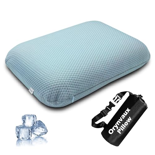 Cooling Camping Pillow, Memory Foam Travel Pillow with Adjustable Buckle Strap & Storage Bag, Compact Small Pillow for Airplane, Car Lumbar, Office, Washable Cooling Cover, Glacier Blue - color: Glacier Blue, size: L-17.5*11.8*4.3in