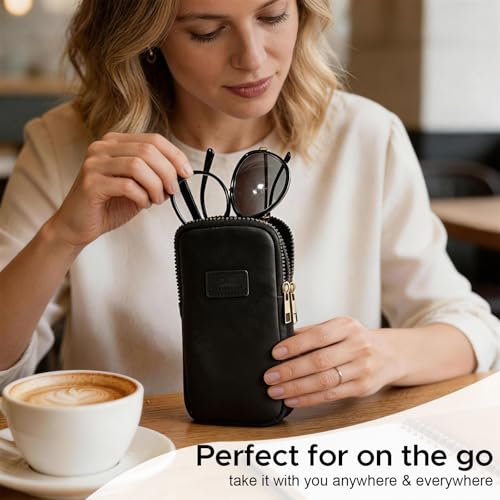 KINIVA Double Eyeglass Case for Men Women, 2-in-1 PU Dual Sunglasses Case, Scratch-Proof Travel Eyeglass Holder for Purse Car - style: Black Smooth