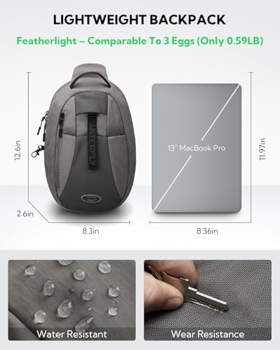 WATERFLY Small Crossbody Sling Backpack: RFID Blocking Anti Theft Sling Bag Travel Daypack Man Woman - color: Grey