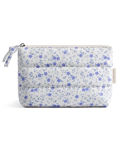 BAGSMART Small Makeup Bag, Puffy Portable Cosmetic Pouch with Charm Zipper, Water-Resistant Travel Organizer for Women (Blue Ditsy Floral Print, Small) - color: Blue Ditsy Floral, size: Small