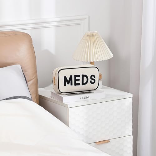 RSRSLEII 3Pcs Canvas Rx MEDS STUFF Packages, Cute Chenille Letter Patch Drug Makeup Bag with Metal Zipper, Mini Travel First Aid Purse Organizer Machine Washable (3Pcs Bags) - color: 3Pcs Bags