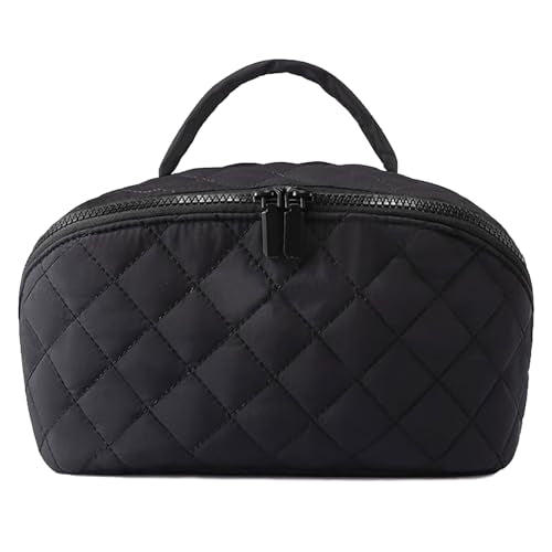 Toiletry Bag for Women, Travel Makeup Bag Organizer, Wide Open Lay-Flat Water-Resistant Large Cosmetic Case, Puffy Padded Travel Organizer for Toiletries & Brushes Large Capacity with Compartments - color: Black