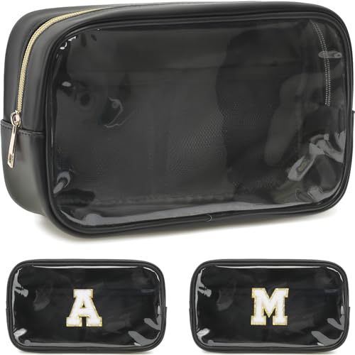 Fammart Clear Makeup Bag with 2 Customizable Chenille Letters - Waterproof PU Leather Cosmetic Case, Large Personalized Toiletry Pouch for Women & Teens, Ideal for Travel & Gift - color: Clear, Large - Black
