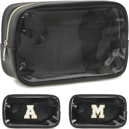 Fammart Clear Makeup Bag with 2 Customizable Chenille Letters - Waterproof PU Leather Cosmetic Case, Large Personalized Toiletry Pouch for Women & Teens, Ideal for Travel & Gift - color: Clear, Large - Black