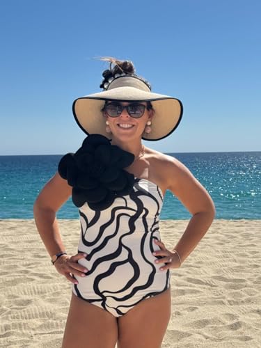 FURTALK Sun Hats for Women Wide Brim Beach Hat Straw Visor Ponytail Summer UV Packable Foldable Beach Vacation Essentials - color: Beige With Black
