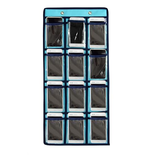 Classroom Pocket Chart For Cell Phones Calculators Over The Door Hanging Closet Underwear Sock Jewelry Organizer Holder 12 Clear Pockets (BLUE) - color: BLUE