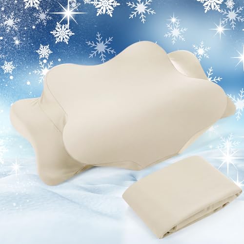 Hahafelt Cooling Cervical Neck Pillowcase Cover (Only Pillow Case) Ergonomic Pillowcase with Zipper Breathable Contour Pillow Cover for Side Back Stomach Sleepers(Beige,Queen Size) - color: Beige, size: Queen
