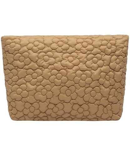 Puffy Quilted Makeup Bag, Cosmetic Bag, Travel Toiletry Organizer Pouch, Clutch for Wom (Khaki Flower) - color: Khaki Flower