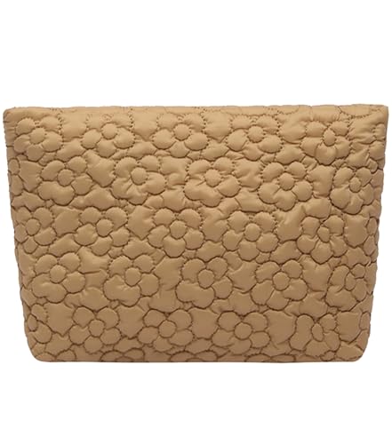 Puffy Quilted Makeup Bag, Cosmetic Bag, Travel Toiletry Organizer Pouch, Clutch for Wom (Khaki Flower) - color: Khaki Flower