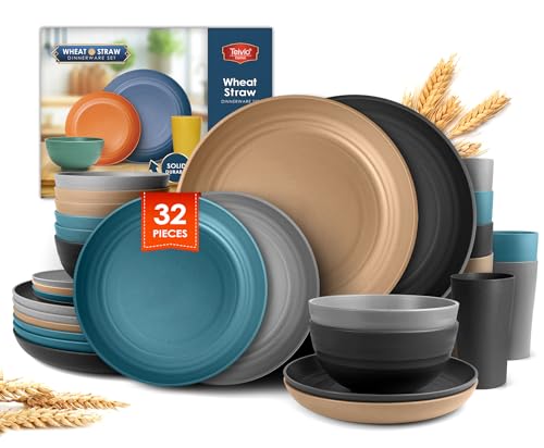 Teivio 32-Piece Kitchen Plastic Wheat Straw Dinnerware Set, Service for 8, Dinner Plates, Dessert Plate, Cereal Bowls, Cups, Unbreakable Colorful Plastic Outdoor Camping Dishes, Cerulean Hues - color: Cerulean Hues