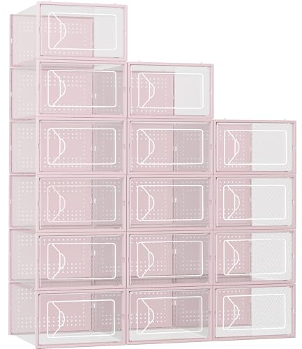 Foluck Shoe Storage Box, 15 Pack Clear Plastic Stackable Organizer for Closet, Interlocking Design Shoes Container Bins for Sneakers, Foldable Shoe Rack with Lids, Pink - color: Pink