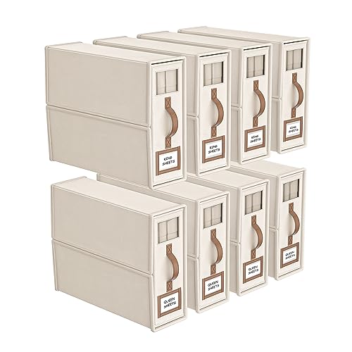 8 Pack Foldable Bed Sheets Set Organizers and Storage(King & Queen Size),Linen Fabric Closet Organizers with Window,Folding Bedding Storage Box for Bedsheets and Pillow Cube Organizer-Beige - color: Beige, size: 8 Pack-King Size-3.7 Gal