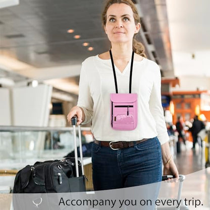 RFID Blocking Travel Neck Wallet Pouch and Passport Holder, Travel Neck Pouch Passport Holder for Women & Men - Pink - color: Pink