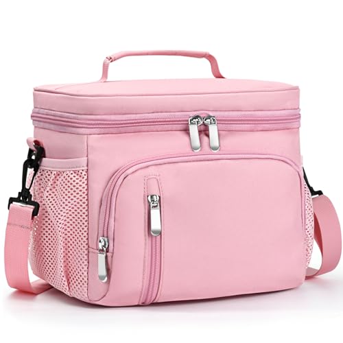 Insulated Lunch Bag for Men & Women, 9L Leakproof Lunch Box Soft Cooler Tote with 5 Pockets, 600D Oxford, EVA Lining, Adjustable Strap for Work, Picnic, Beach&Travel-Pink - color: Pink, size: Single
