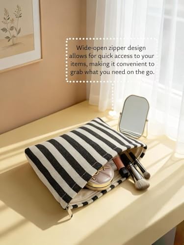 Large Black White Stripe Makeup Bag - Canvas Lined Cosmetic Toiletry Travel Pouch | Purse Organizer for Women & Girls - color: striped black