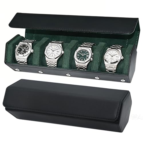 Leather Watch Roll for 4 Watches - Velvet-Lined Travel Case, Luxury Watch Rolls Organizer with Storage & Display for Men (4 Slot-Black Green) - color: 4 Slot-Black Green