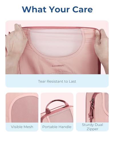 BAGSMART Compression Packing Cubes, 6 Set Packing Cubes for Suitcases, Lightweight Suitcases Organizers Bag Set & Compression Travel Cubes, Travel Essentials Packing Organizers - color: 02-Baby Pink