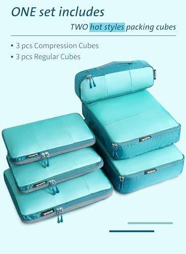 Bagail Ultralight Compression Cubes 7 Set - 3 Packing Cubes, 3 Organizers, and 1 Shoe Bag - color: Teal, style: Mesh Pattern