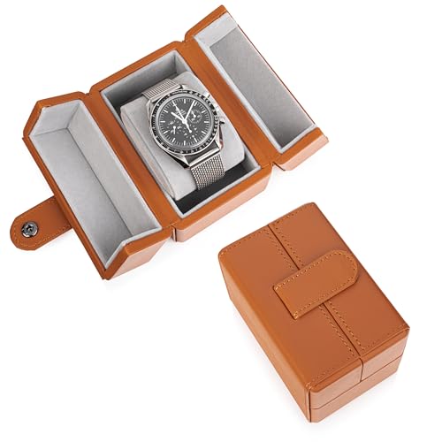 Single Travel Watch Case - Vintage Inspired - Exterior, Soft Microfiber Lining, Fits Up to 42mm Watches - Vegan Leather - Reliable Storage for Home or Travel - color: Brown