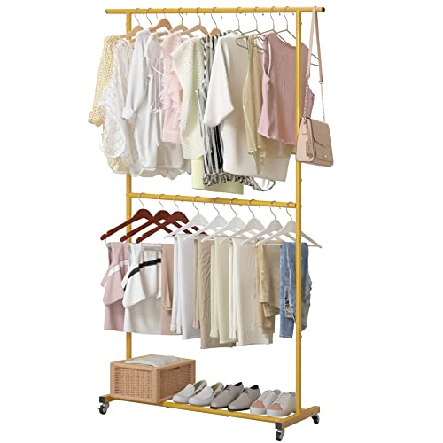 Sywhitta Double Rod Clothing Garment Rack, Rolling Clothes Organizer on Wheels for Hanging Clothes, Easy to Assemble, Adjustable, Gold - color: Gold, size: No mesh