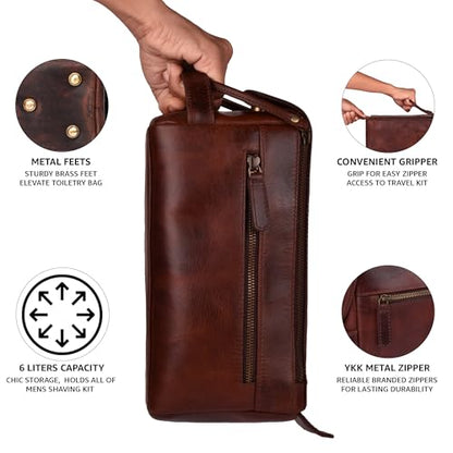 LEATHER VILLAGE Genuine Leather Travel Toiletry Bag - Water-Resistant Dopp Kit for Toiletries, Large Shaving Bag & Bathroom Organizer - Gift for Men & Women - Cherry Brown - color: Cherry Brown