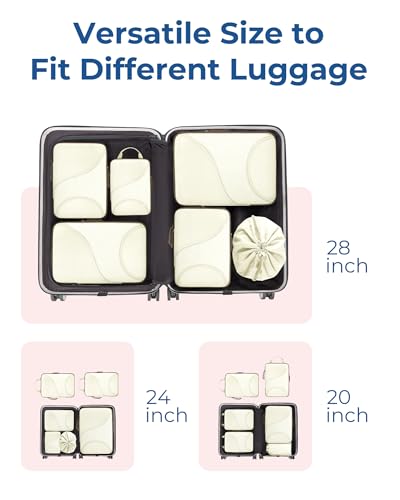BAGSMART Compression Packing Cubes - 6 Set Travel Packing Cubes for Suitcases, Compression Suitcase Organizers with Shoe Bag - color: 05-White Opal