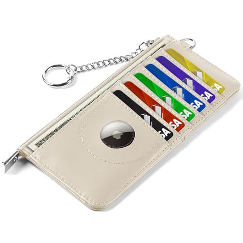 RFID Blocking Slim Credit Card Holder Wallet with Zipper Money Pocket & Keychain, Slim Airtag Wallet for Men Women - color: Cowhide Beige