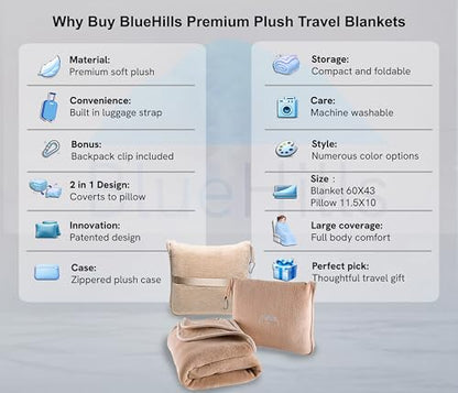 BlueHills Premium Soft Travel Blanket Pillow Airplane Blanket Packed in Soft Bag Pillowcase with Hand Luggage Belt Backpack Clip Compact Pack Large Portable Flight Throw Beige T005 - color: Beige-1pk-t005
