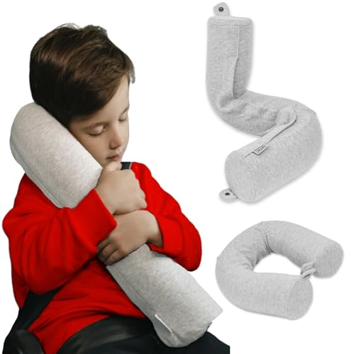 Dot&Dot Twist Memory Foam Kids Travel Pillow for Airplanes - Neck Pillows for Travel, Sleeping - Airplane Pillow for Neck Support, Chin, Lumbar, Leg - Adjustable Neck Pillow for Car Seat - color: Mini Gray, size: Kids/Petite (23")