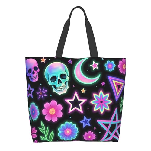 Shoulder Bag Large Reusable Eco-friendly Shopping Bags Portable Storage Handbag | Large - color: Neon Floral Skull5