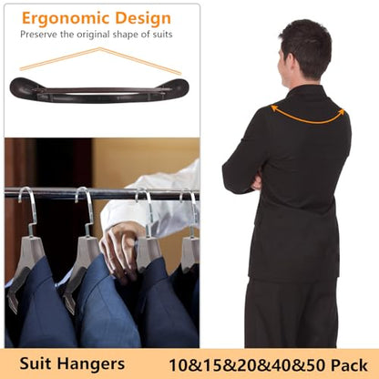 DEDU Suit Hangers for Men 10 Pack, Brown Coat Hangers Extra Wide Non Slip Width 17.7", Thick Plastic with Pants Bar & Metal Hook - color: Brown, size: 10 Pack